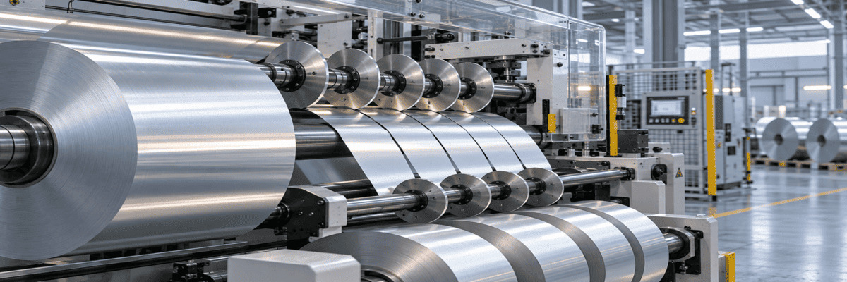 Industrial circular slitter knives cutting aluminum foil on a slitting and rewinding line