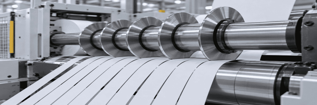 Upper and lower circular slitter knives cutting paper into clean strips