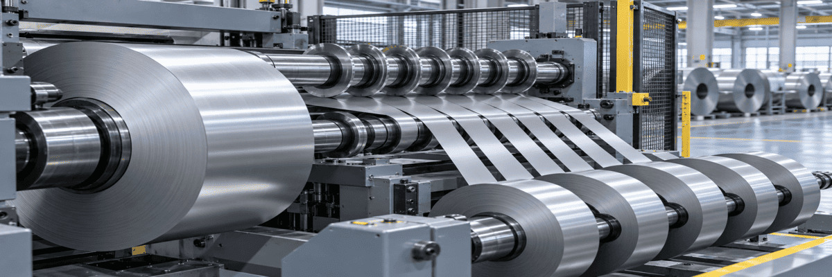 A precision coil slitting line converts a wide stainless-steel coil into multiple narrow strips